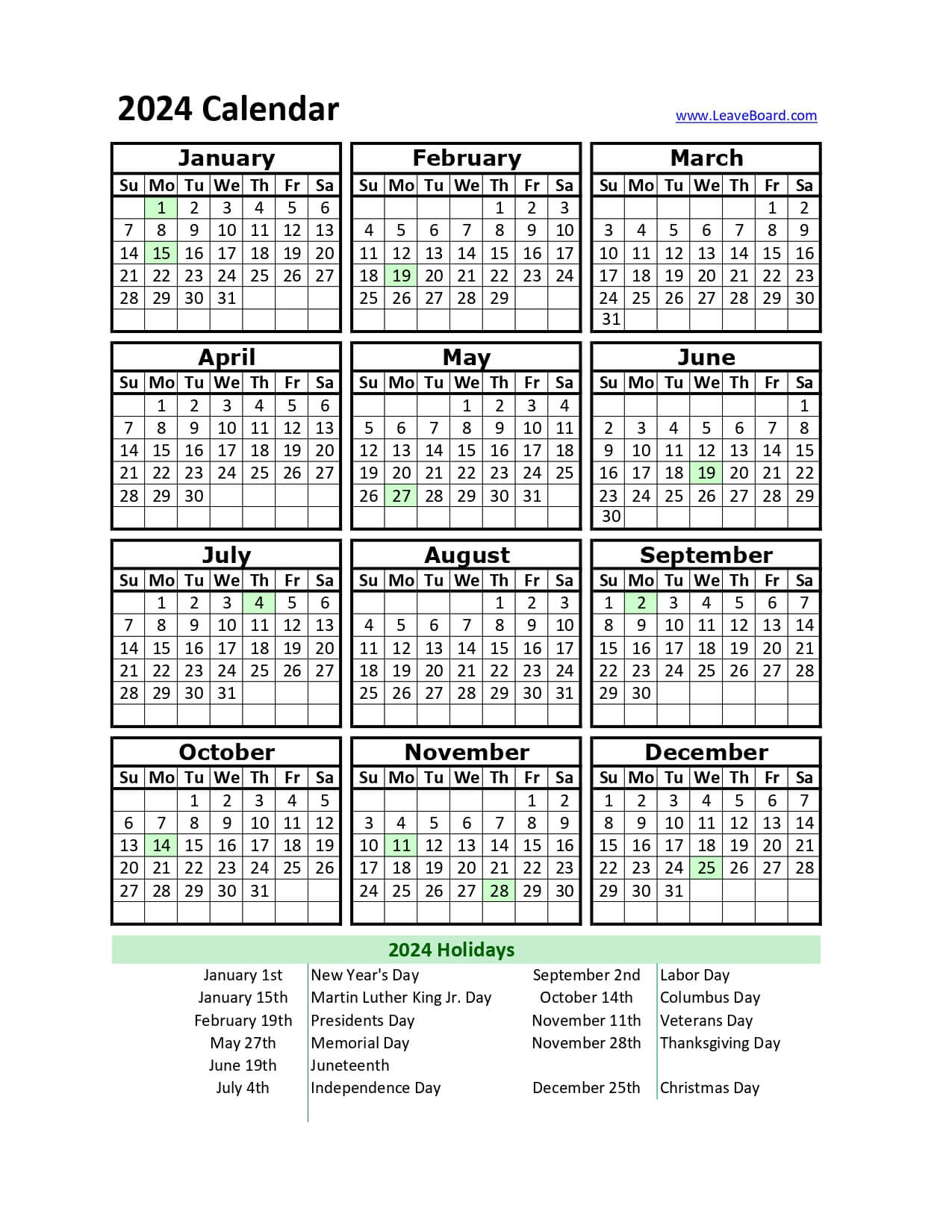 2024 Palendar Printable: PDF, Excel, With Holidays (Free Download) -  LeaveBoard
