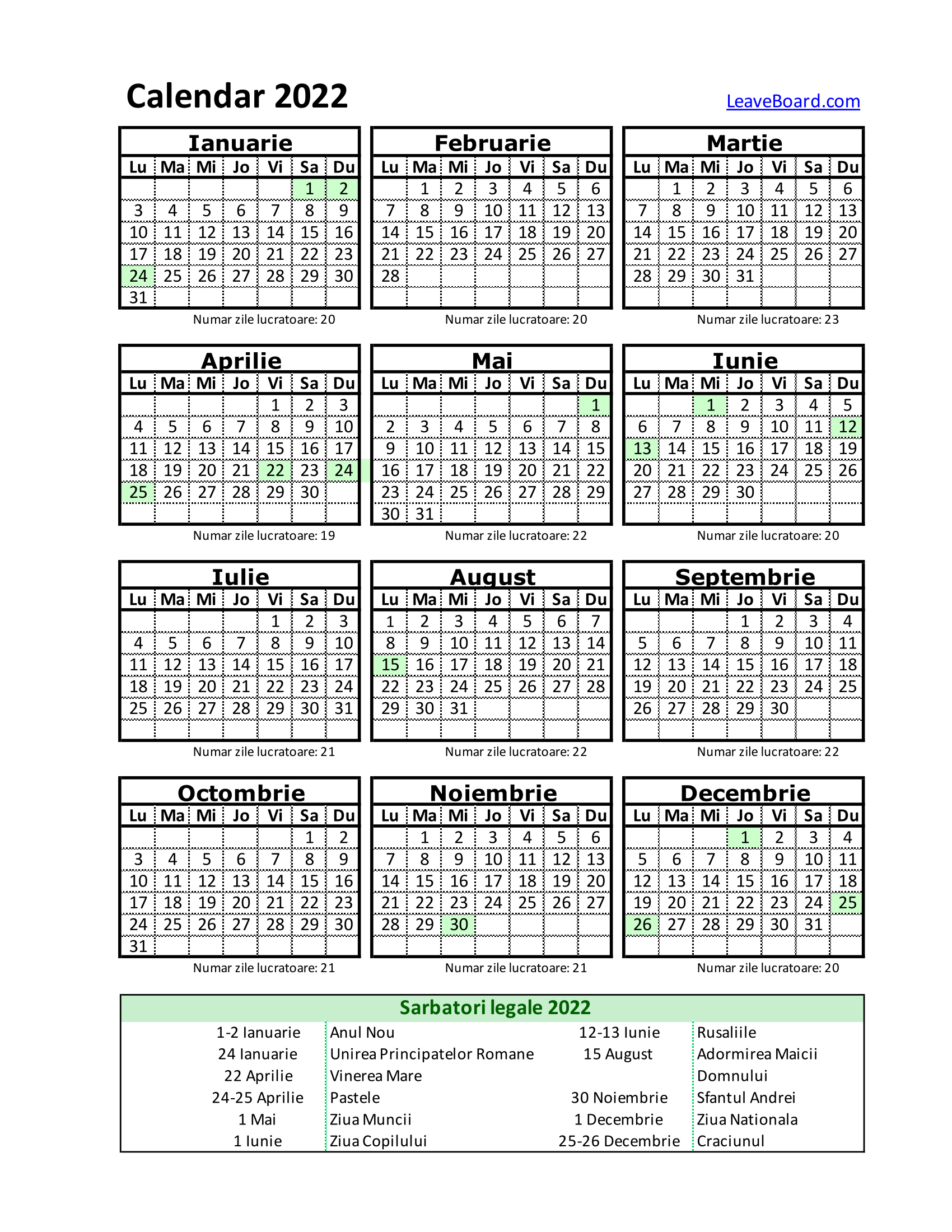 Year 2022 Calendar Romania