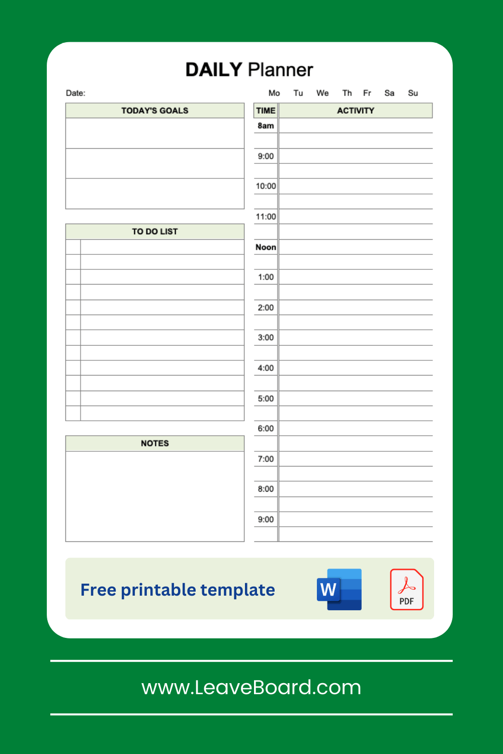 Daily planner printable template