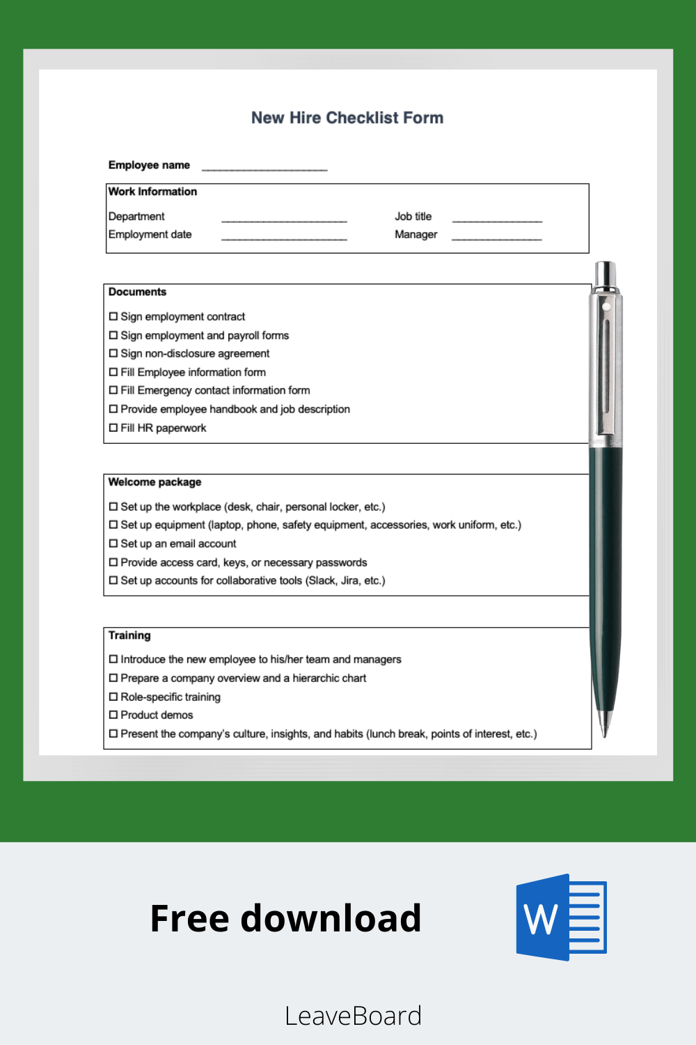 New Hire Checklist Form New Hire Checklist Template Leave Board